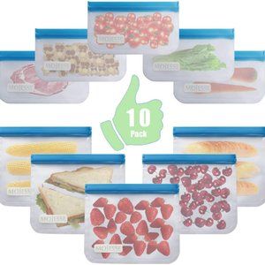 Silicone Reusable Food Bag,10 pcs Leak Proof Reusable Sandwich Bags BPA FREE